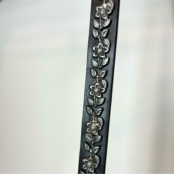 Vintage Silver Flower Embellished Genuine Leather Belt made in Italy.